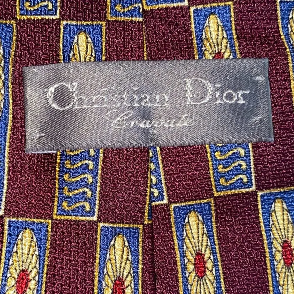 Christian Dior Vintage 100% Silk Art Deco Print Tie Burgundy Blue Gold Medallion